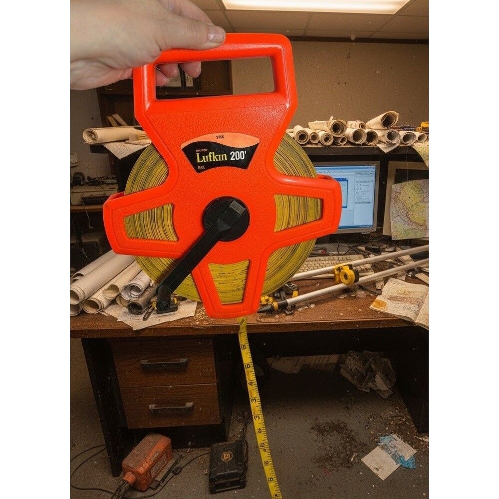 Lufkin Hi Viz 200 ft Tape Measure Reel Fiberglass Survey Tool Heavy Used READ